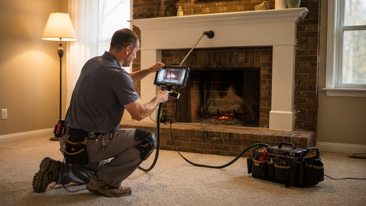 Flue interior on an inspection camera monitor, the scan that has to precede any relining under NFPA 211